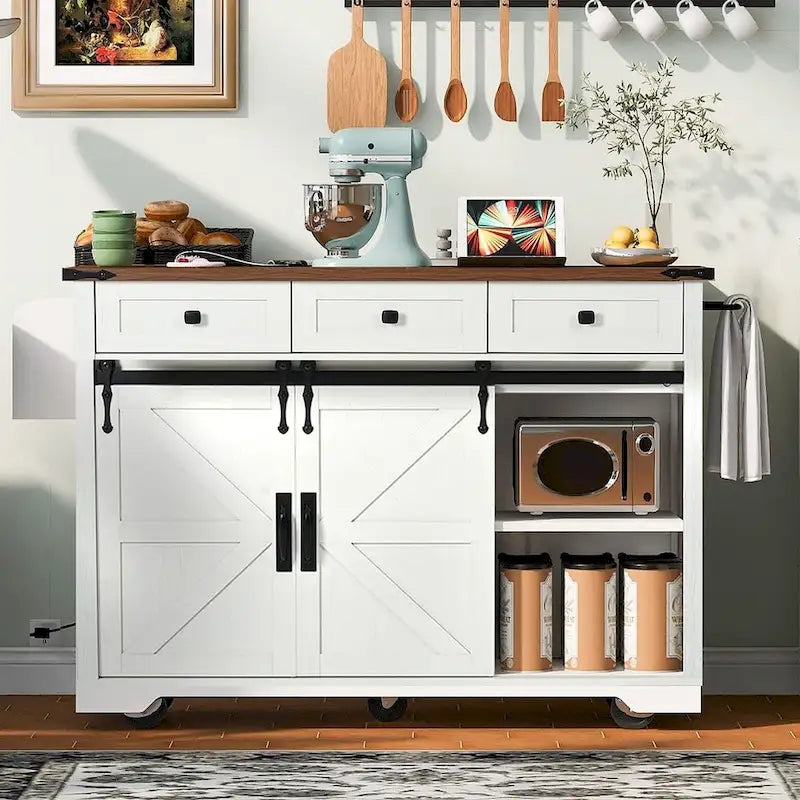 Carro de isla de cocina estilo granja con ruedas, toma de corriente