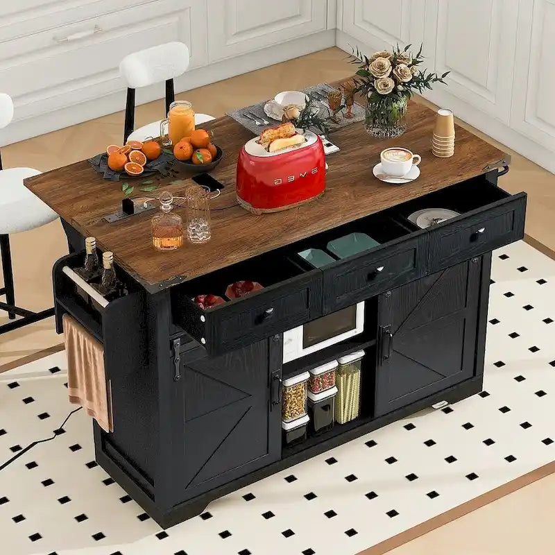 Carro de isla de cocina estilo granja con ruedas, toma de corriente