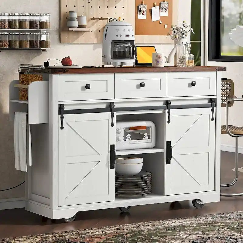 Carro de isla de cocina estilo granja con ruedas, toma de corriente