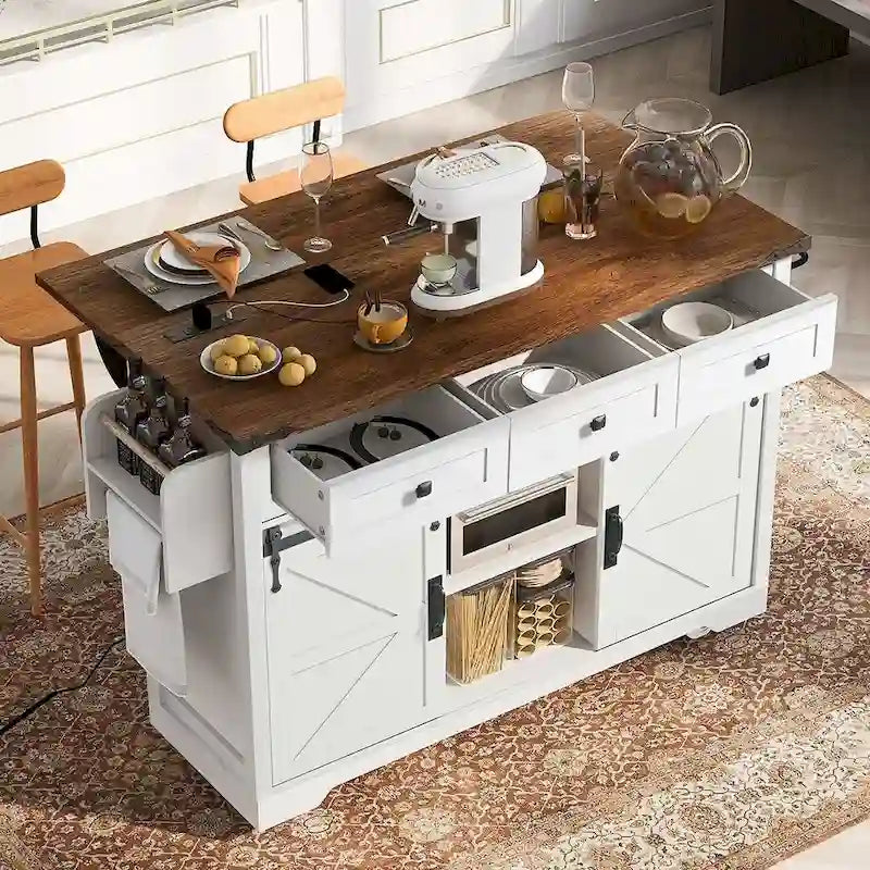 Carro de isla de cocina estilo granja con ruedas, toma de corriente
