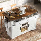 Carro de isla de cocina estilo granja con ruedas, toma de corriente