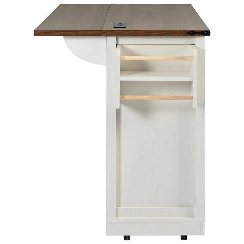 Carro de isla de cocina estilo granja con ruedas, toma de corriente