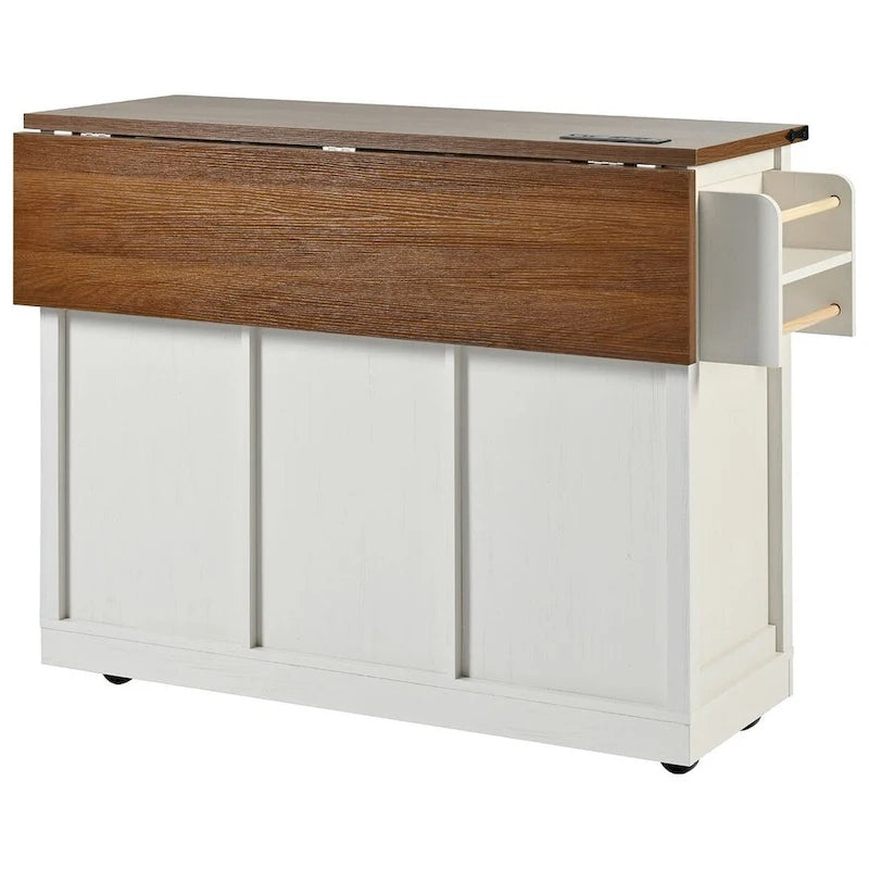 Carro de isla de cocina estilo granja con ruedas, toma de corriente