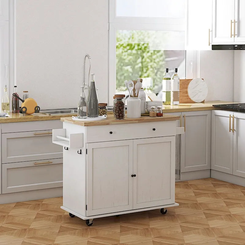 Isla de Cocina con Almacenamiento, Carro de Isla de Cocina Rústico Rodante con Cajón, 2 Armarios, Encimera de Madera de Caucho