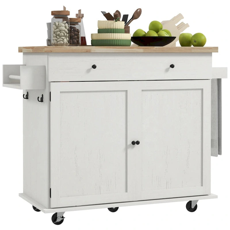 Isla de Cocina con Almacenamiento, Carro de Isla de Cocina Rústico Rodante con Cajón, 2 Armarios, Encimera de Madera de Caucho