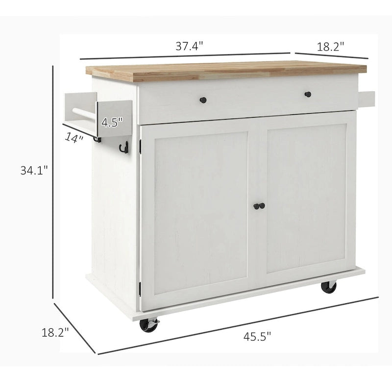 Isla de Cocina con Almacenamiento, Carro de Isla de Cocina Rústico Rodante con Cajón, 2 Armarios, Encimera de Madera de Caucho