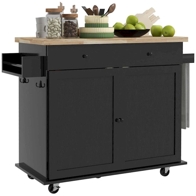 Isla de Cocina con Almacenamiento, Carro de Isla de Cocina Rústico Rodante con Cajón, 2 Armarios, Encimera de Madera de Caucho