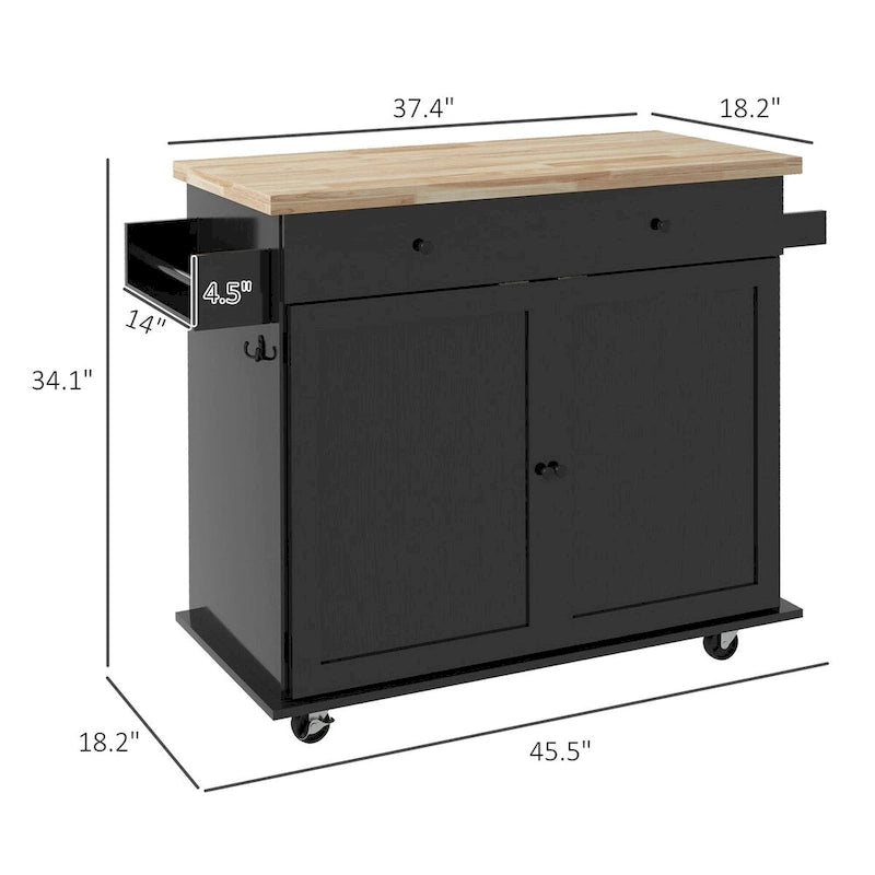 Isla de Cocina con Almacenamiento, Carro de Isla de Cocina Rústico Rodante con Cajón, 2 Armarios, Encimera de Madera de Caucho