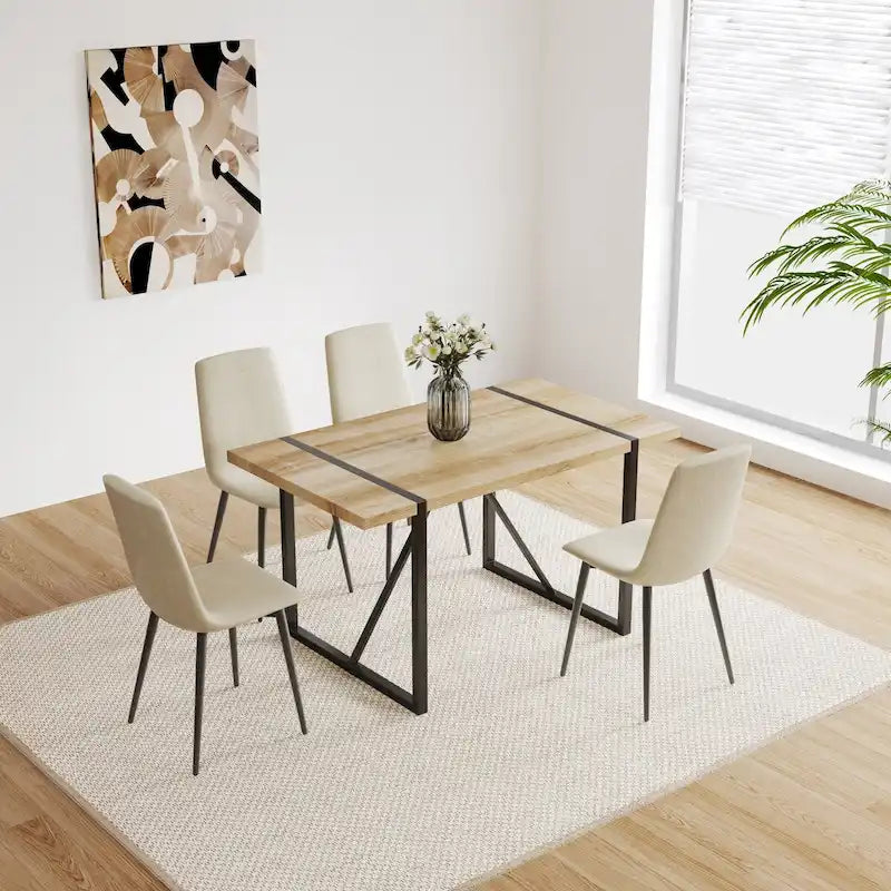 Mesa de comedor de color madera y sillas de comedor modernas, mesa de cocina de madera de mediados de siglo, base y patas de metal