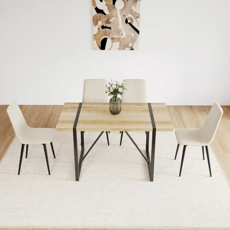 Mesa de comedor de color madera y sillas de comedor modernas, mesa de cocina de madera de mediados de siglo, base y patas de metal