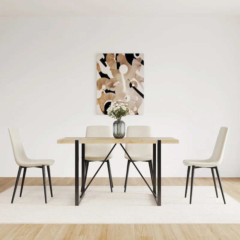 Mesa de comedor de color madera y sillas de comedor modernas, mesa de cocina de madera de mediados de siglo, base y patas de metal