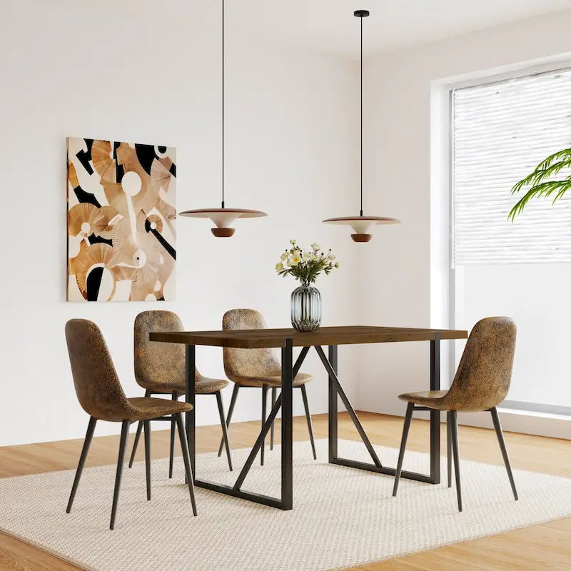 Mesa de comedor de color madera y sillas de comedor modernas, mesa de cocina de madera de mediados de siglo, base y patas de metal