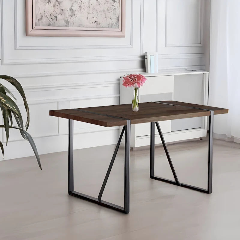 Mesa de comedor de color madera y sillas de comedor modernas, mesa de cocina de madera de mediados de siglo, base y patas de metal