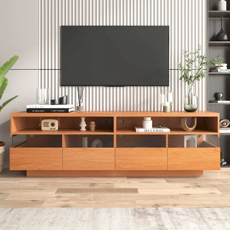 Mueble de TV moderno con 4 cajones y 2 compartimentos abiertos, consola para TV de hasta 75 pulgadas, madera